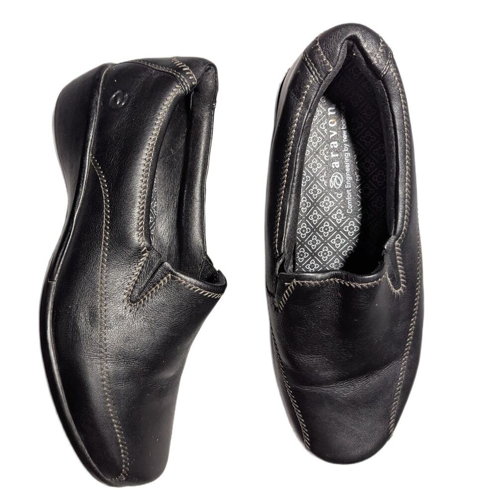 Aravon Black Leather Slip-On Seam Detail Comfort Wedge Walking Loafers Sz 6.5 D
